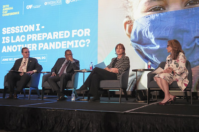 photo of CAF Conference - Session 1 with Pablo Bartol (Moderator), Manager for Social and Human Development, CAF – Development Bank of Latin America; Former Minister of Social Development, Uruguay Brian Nichols, Assistant Secretary of State for Western Hemisphere Affairs, U.S. Department of State Beatriz Londoño, Former Minister of Health and Social Protection, Colombia Felicia Knaul, Director of the Institute for Advanced Study of the Americas, University of Miami